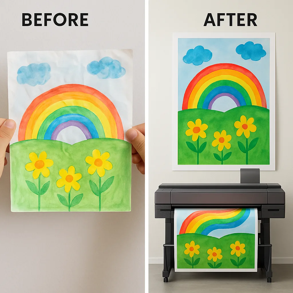 Split-screen comparison transformation of student artwork. Left side: small, wrinkled original watercolor painting held by child’s hands. Right side: same artwork professionally printed as large Split-screen comparison transformation of student artwork. Left side: small, wrinkled original watercolor painting held by child's hands. Right side: same artwork professionally printed as large