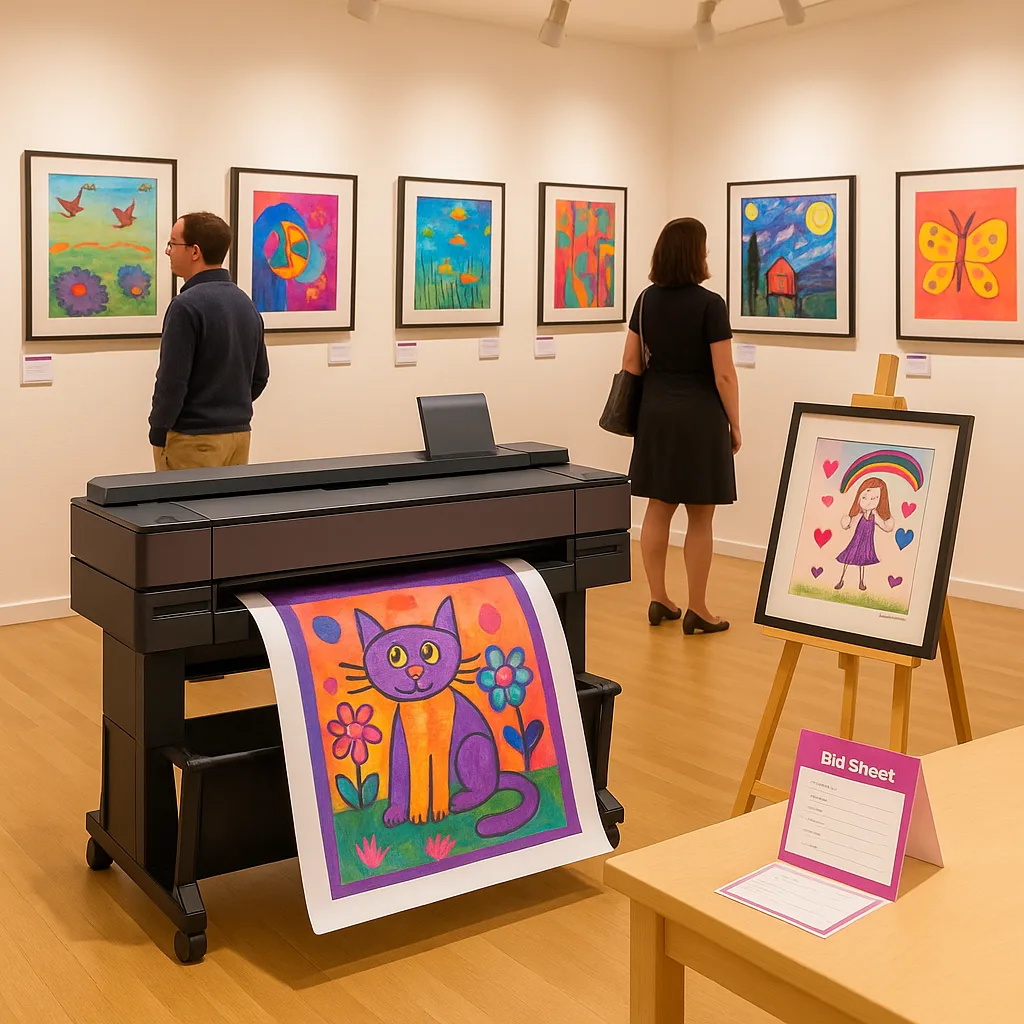 A vibrant, art gallery setting framed student artwork displayed on white walls proper lighting. Multiple colorful children's paintings and drawings are visible, professionally mounted and labeled.
