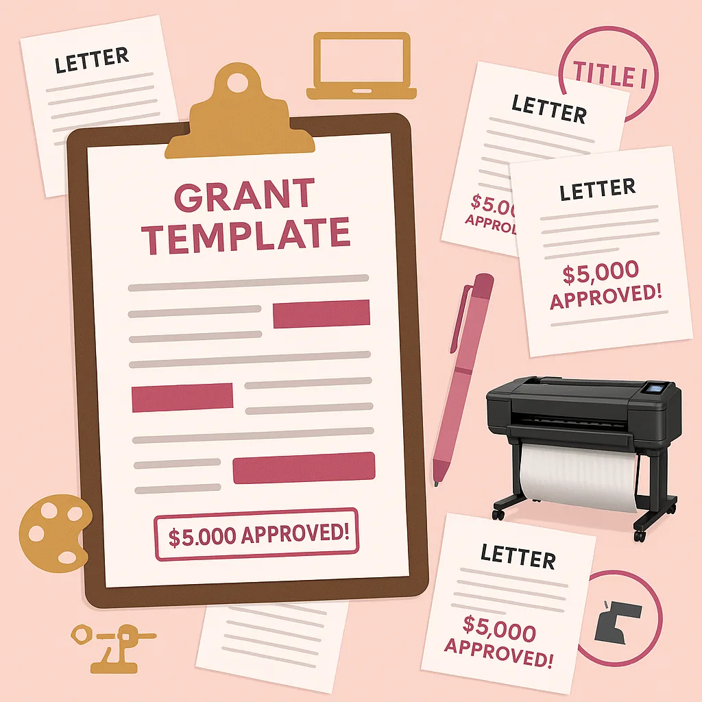 An infographic-style image a fill-in-the-blank grant template on a clipboard a pink pen nearby. The template should have blank spaces highlighted in raspberry pink. Around the clipboard, scatter