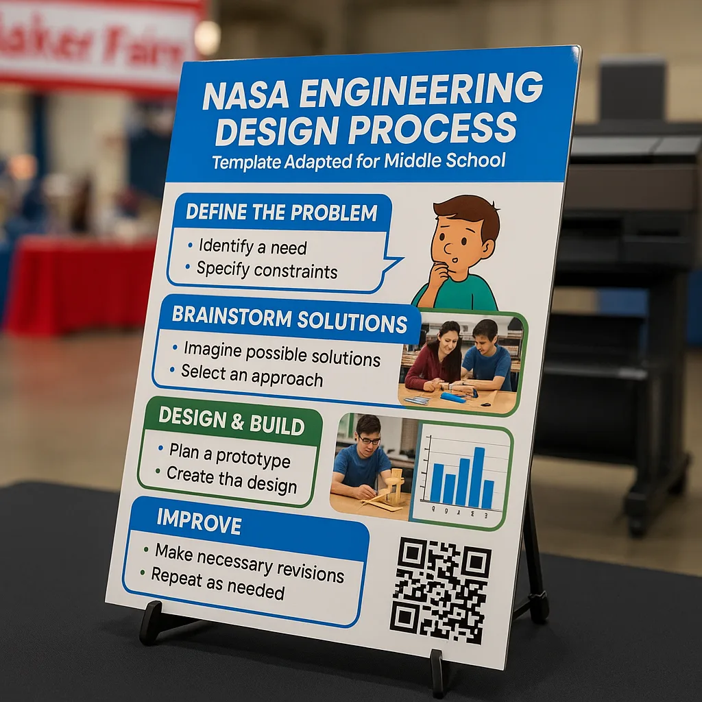 Close-up view of a maker faire poster display the NASA Engineering Design Process template adapted for middle school. The poster features clear sections: “Define the Problem,” “Brainstorm Close-up view of a maker faire poster display the NASA Engineering Design Process template adapted for middle school. The poster features clear sections: "Define the Problem," "Brainstorm