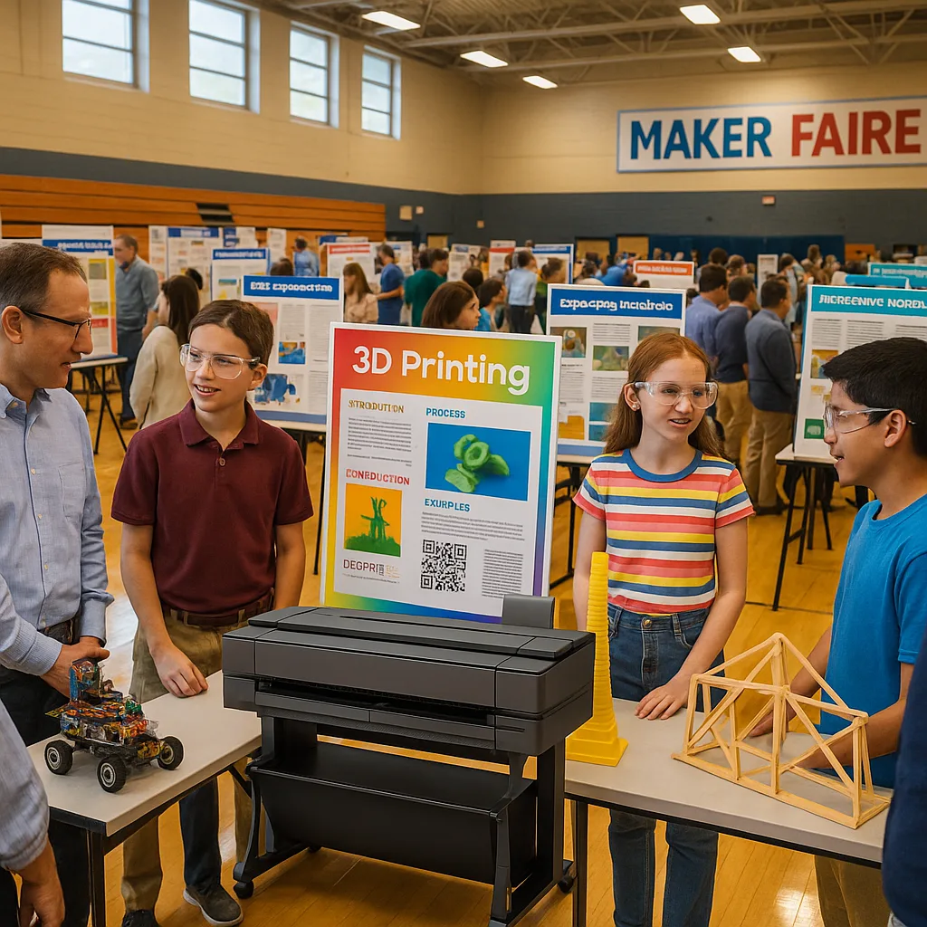 A vibrant, bustling middle school maker faire in a large gymnasium, rows of poster displays showcasing student STEM projects. Students in safety goggles present their innovations - robotics, 3D