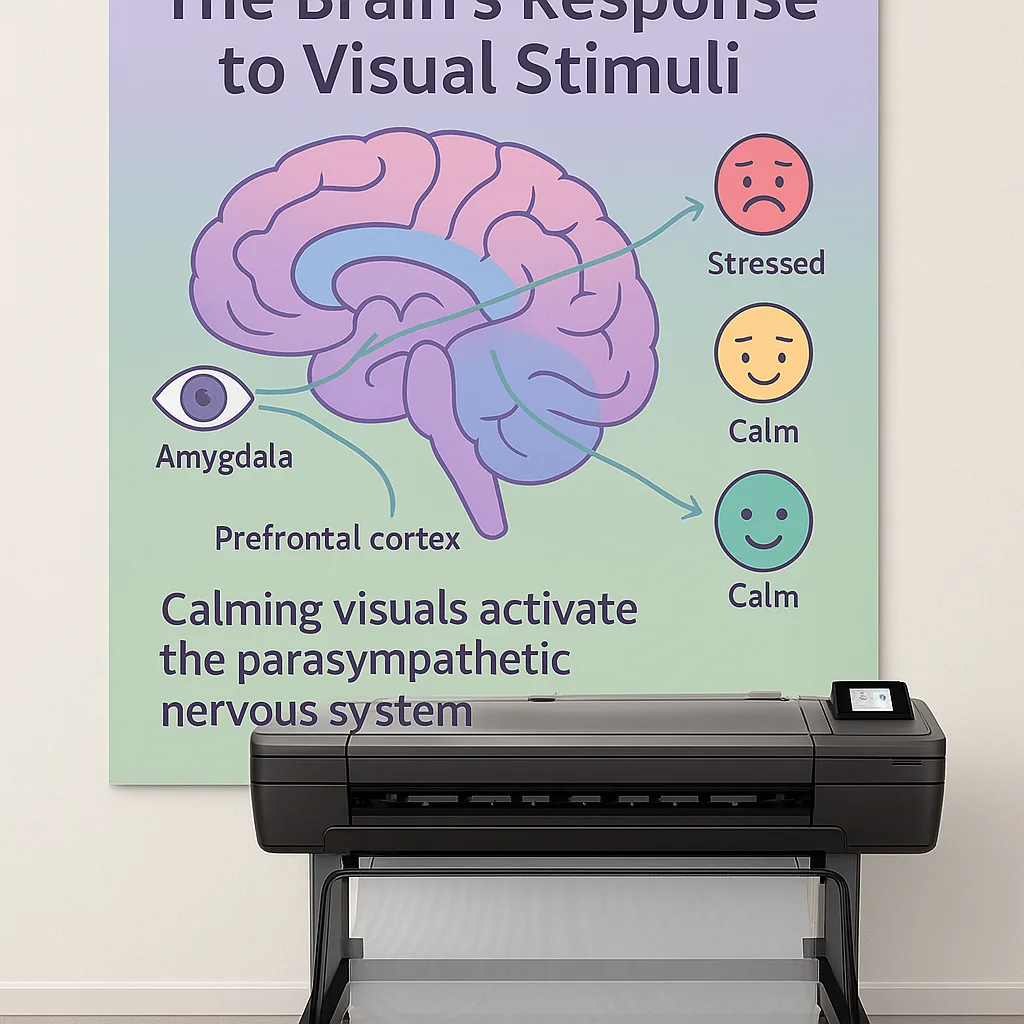 Design an infographic-style poster using Google Font 'Suse' the brain's response to visual stimuli. Create a colorful, friendly illustration of a brain highlighted areas (amygdala in soft purple,