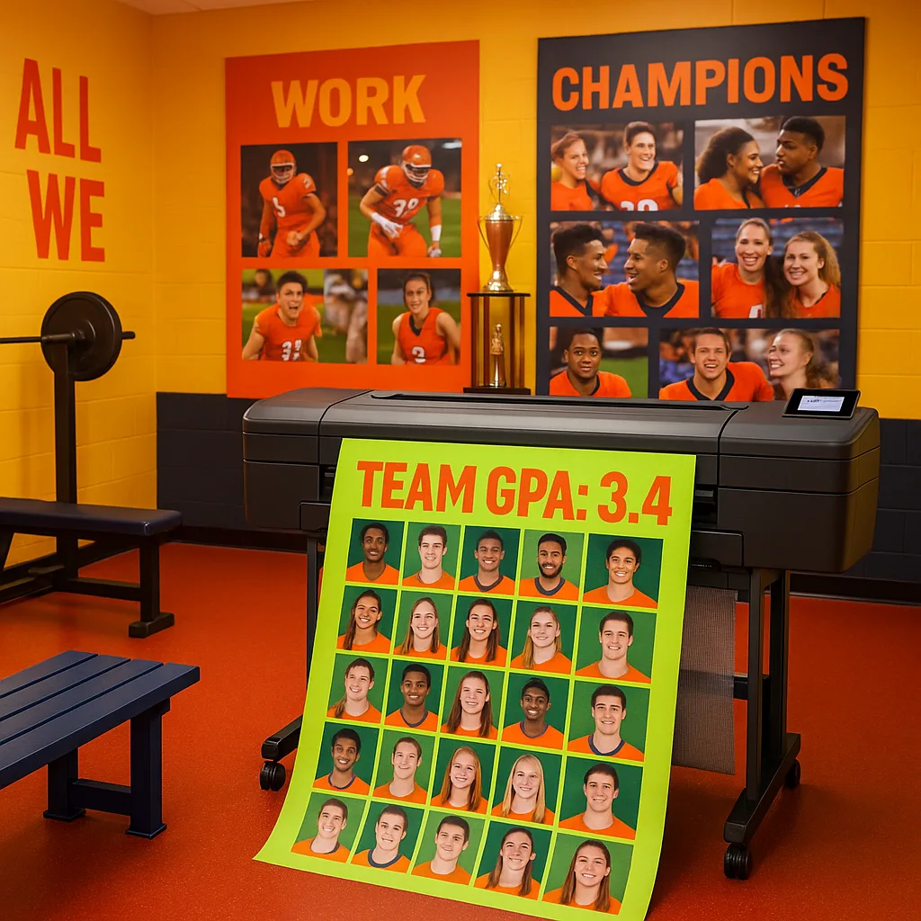A vibrant, energetic photo a athletic facility locker room large, colorful achievement wall displays. The main focal point is a neon lime green and orange poster "TEAM GPA: 3.4" student-athlete