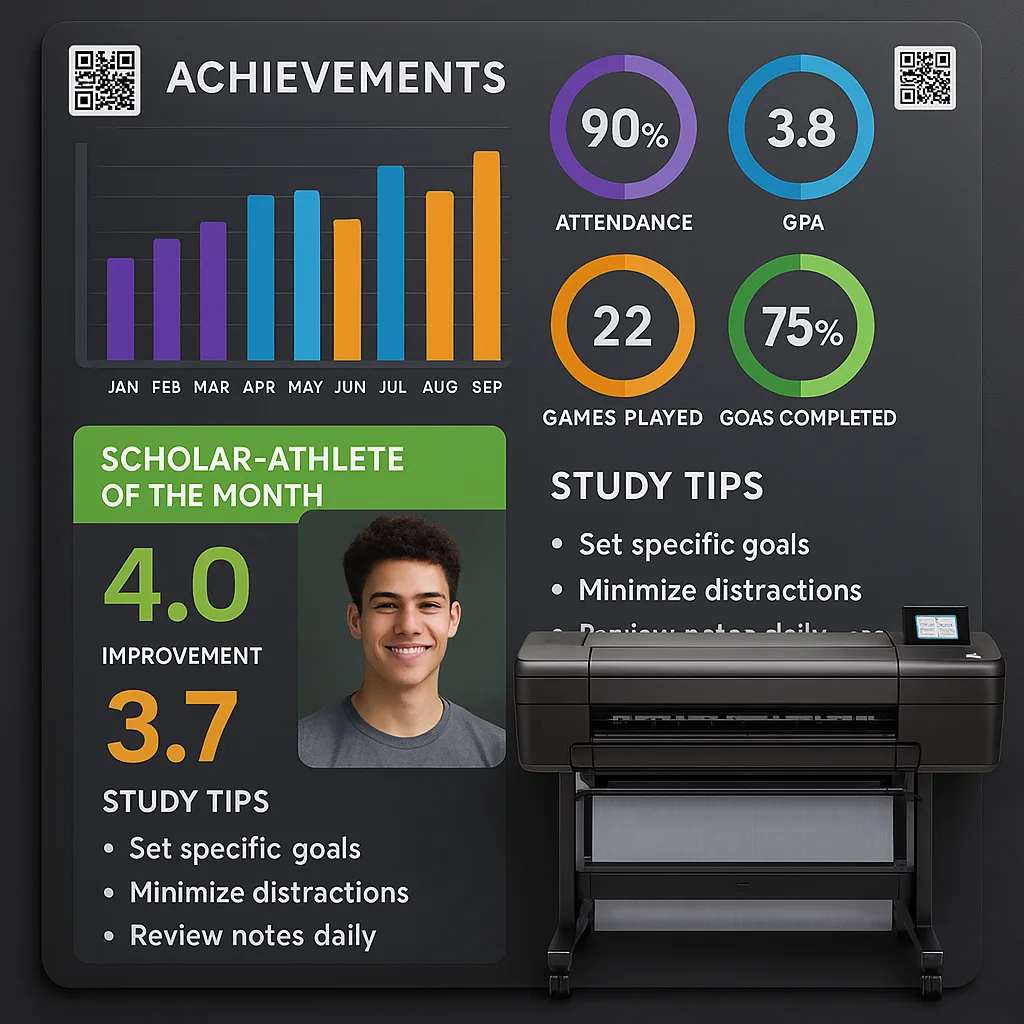 A close-up shot of a data-driven achievement wall display multiple colorful bar graphs and circular progress charts. Show a “Scholar-Athlete of the Month” section a student photo, GPA stats in Athletic achievement wall showing GPA stats