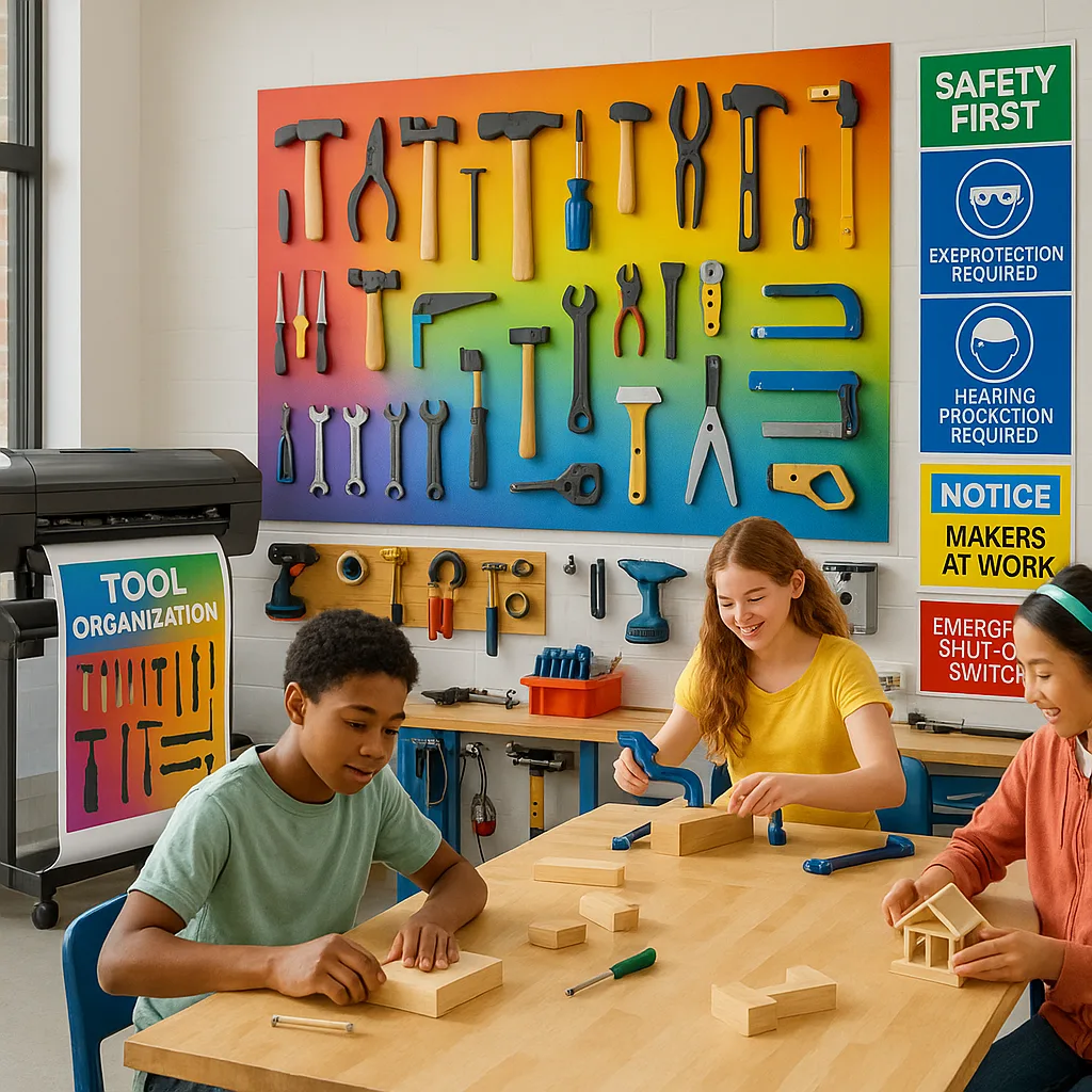 A vibrant, photorealistic wide-format image a school makerspace clearly organized tool walls shadow boards, colorful safety signage at eye level, and students actively working on projects. Include
