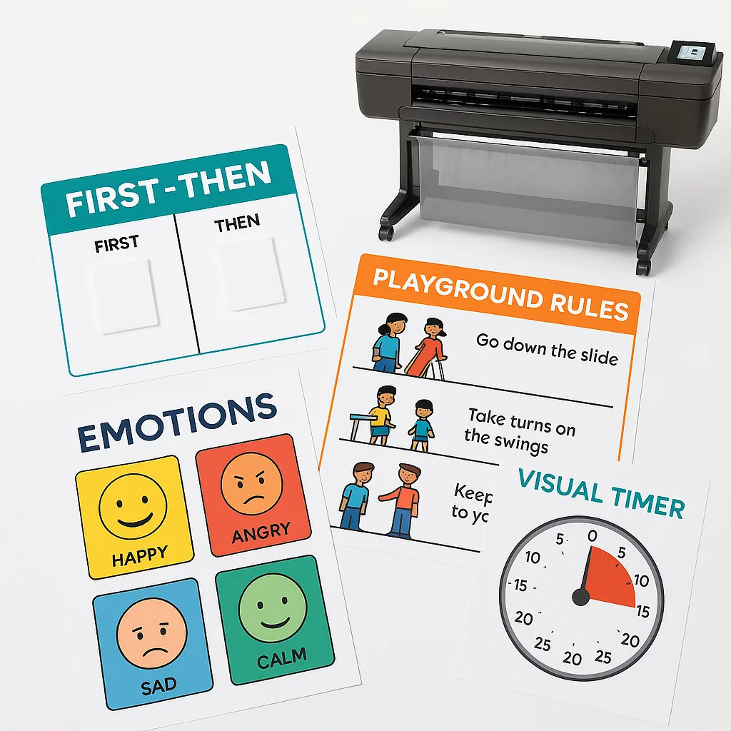 A close-up view of various autism visual support posters laid out on a table, showcasing different design elements: a First-Then board velcro attachments, a social story about playground rules