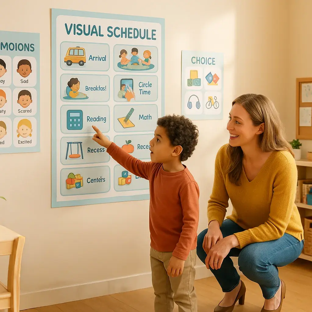 A bright, warmly-lit inclusive classroom a large visual schedule poster on the wall colorful picture symbols daily activities. In the foreground, a young student autism is pointing to one of the