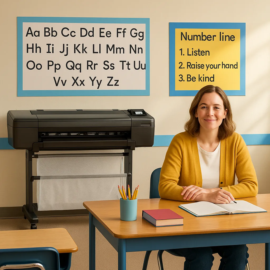A bright, relatable classroom scene a first-grade teacher at her desk a simple poster maker printer nearby. The teacher looks relieved and confident, not stressed. Show basic, functional posters
