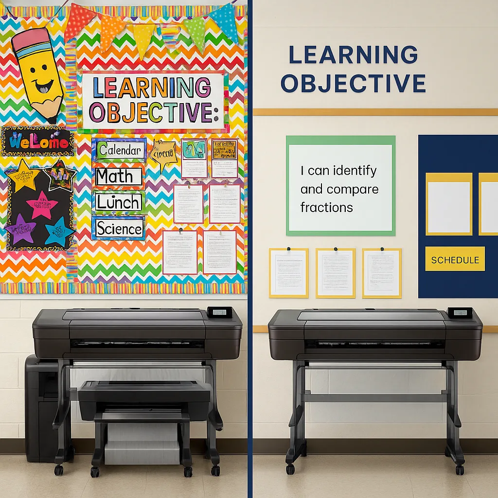 Design a split-screen comparison image. Left side: An overly decorated, cluttered classroom wall too many colors, patterns, and decorations - looking overwhelming. Right side: A clean, simple