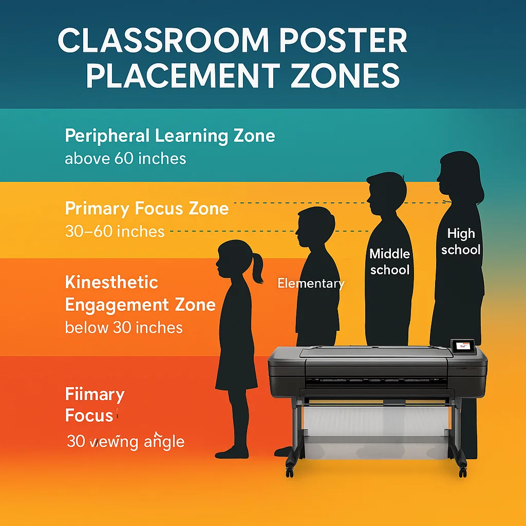 An infographic-style illustration a side view of a classroom clearly marked zones for poster placement. Include measurements and labels for "Primary Focus Zone" (30-60 inches), "Peripheral
