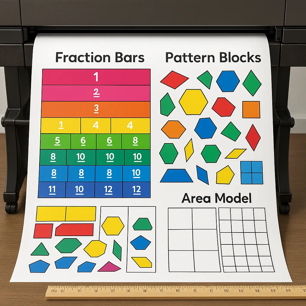Colorful fraction bars and geometric shapes printed on poster paper
