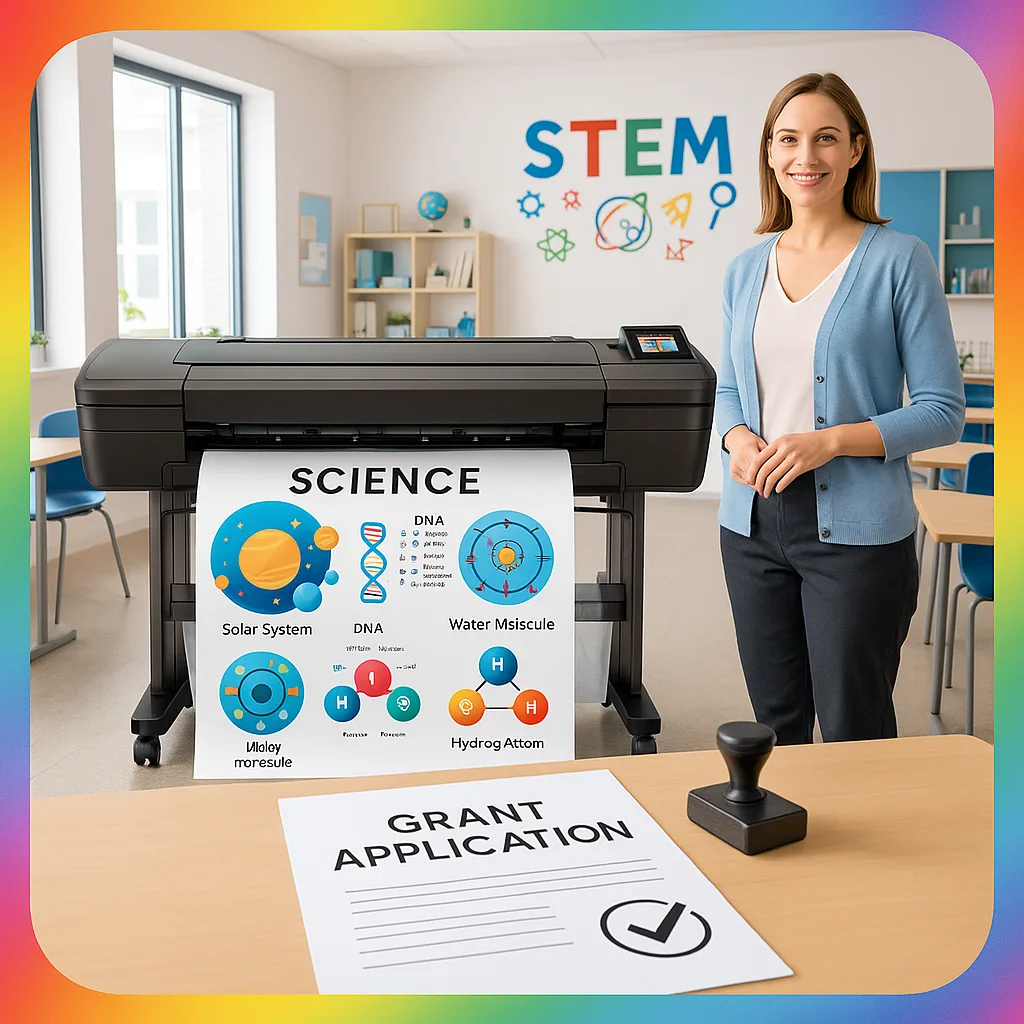 A bright, STEM classroom a teacher standing next to a large-format poster printer displaying colorful scientific diagrams. In the foreground, a grant application document is visible on a desk a