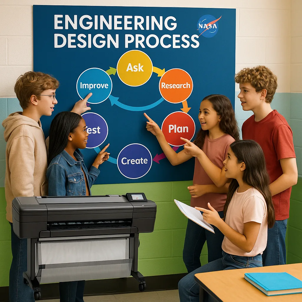 A diverse group of middle school students collaborating around a large, STEM poster the NASA 7-step Engineering Design Process. The poster is mounted on a classroom wall blue and green accents. STEM students collaborating around visual poster displays