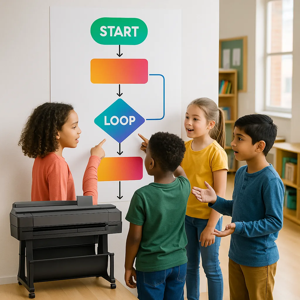 A vibrant, classroom scene elementary students gathered around large colorful algorithm flowchart posters on the wall. Include geometric shapes (ovals, rectangles, diamonds) in rainbow gradient