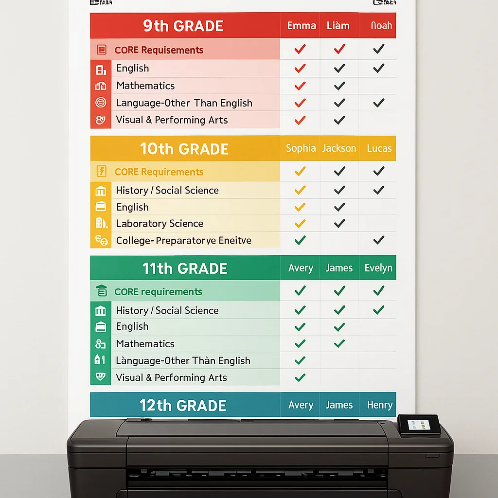 Design a comprehensive A-G tracking chart poster layout using Google Font ‘Suse’. Create a visual grade-level progression from 9th to 12th grade checkboxes for each required course. Use color Design a comprehensive A-G tracking chart poster layout using Google Font 'Suse'. Create a visual grade-level progression from 9th to 12th grade checkboxes for each required course. Use color