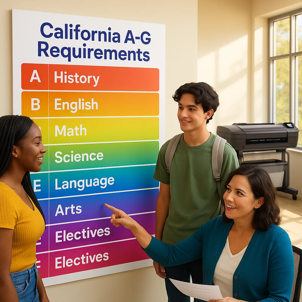 A bright, engaging educational poster display California's A-G requirements in a high school counseling center. Use Google Font 'Suse' for all text. Show a large 36-inch wide poster colorful