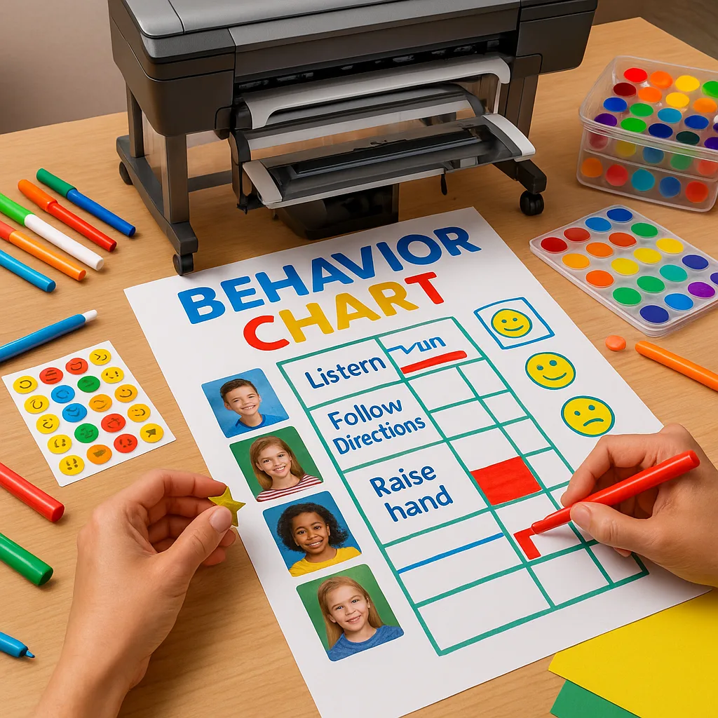 Design a close-up view of hands creating a customized behavior tracking chart on a poster. Show colorful markers, stickers, and a partially completed chart student photos and behavior goals.