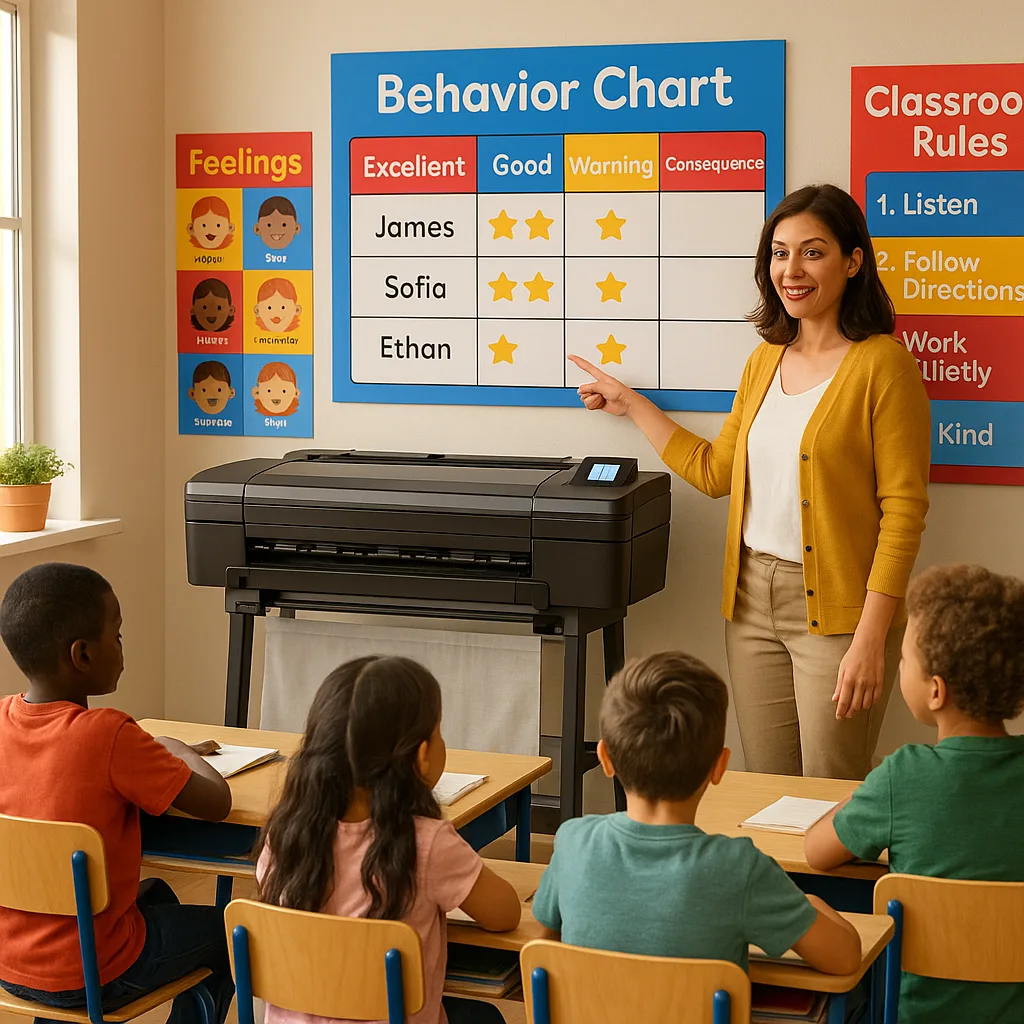 A bright, engaging classroom scene a teacher pointing to a large, colorful behavior management poster on the wall. The poster should display a visual behavior chart student names and star