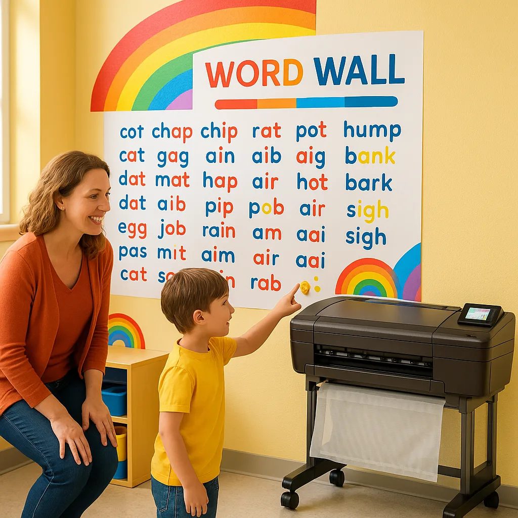 A bright, engaging classroom scene a teacher and student interacting a colorful word wall specifically designed for dyslexic learners. The word wall should feature large, clear letters color-coded