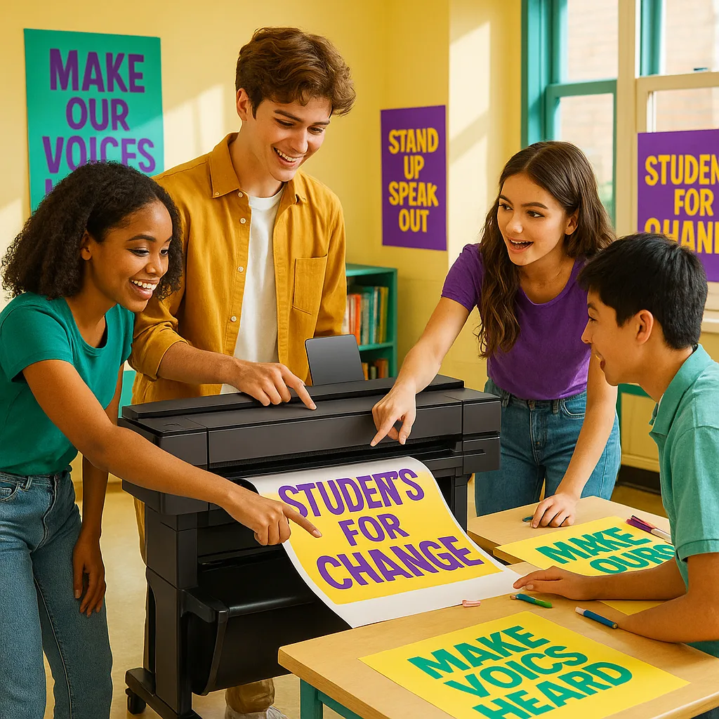 A vibrant, inspiring classroom scene diverse high school students collaborating around a large poster maker machine. The students are actively engaged in designing campaign posters bold text