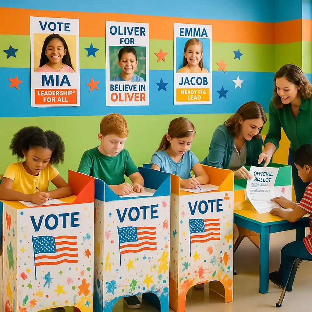 A elementary classroom during mock election day, students at colorful voting booths made from decorated cardboard dividers.