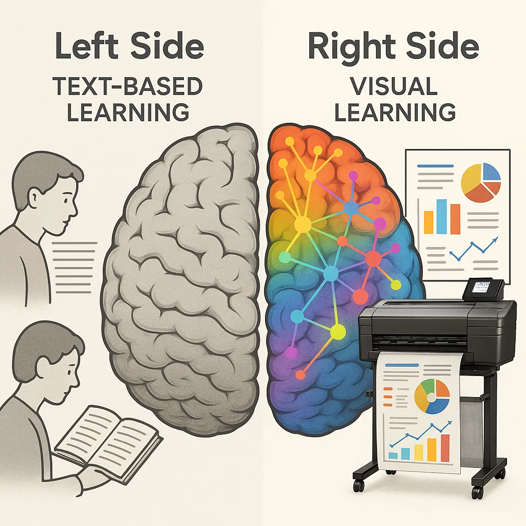 Split-screen comparison two sides of a student's brain. Left side shows traditional text-based learning gray, minimal neural activity. Right side shows vibrant, colorful neural networks lighting