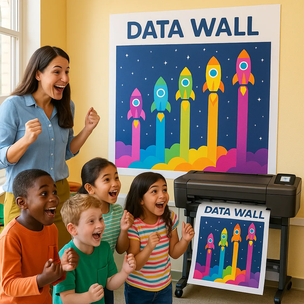 A vibrant, classroom scene a teacher and diverse group of elementary students looking excitedly at a large, colorful data wall display. The wall features anonymous rocket ships at different
