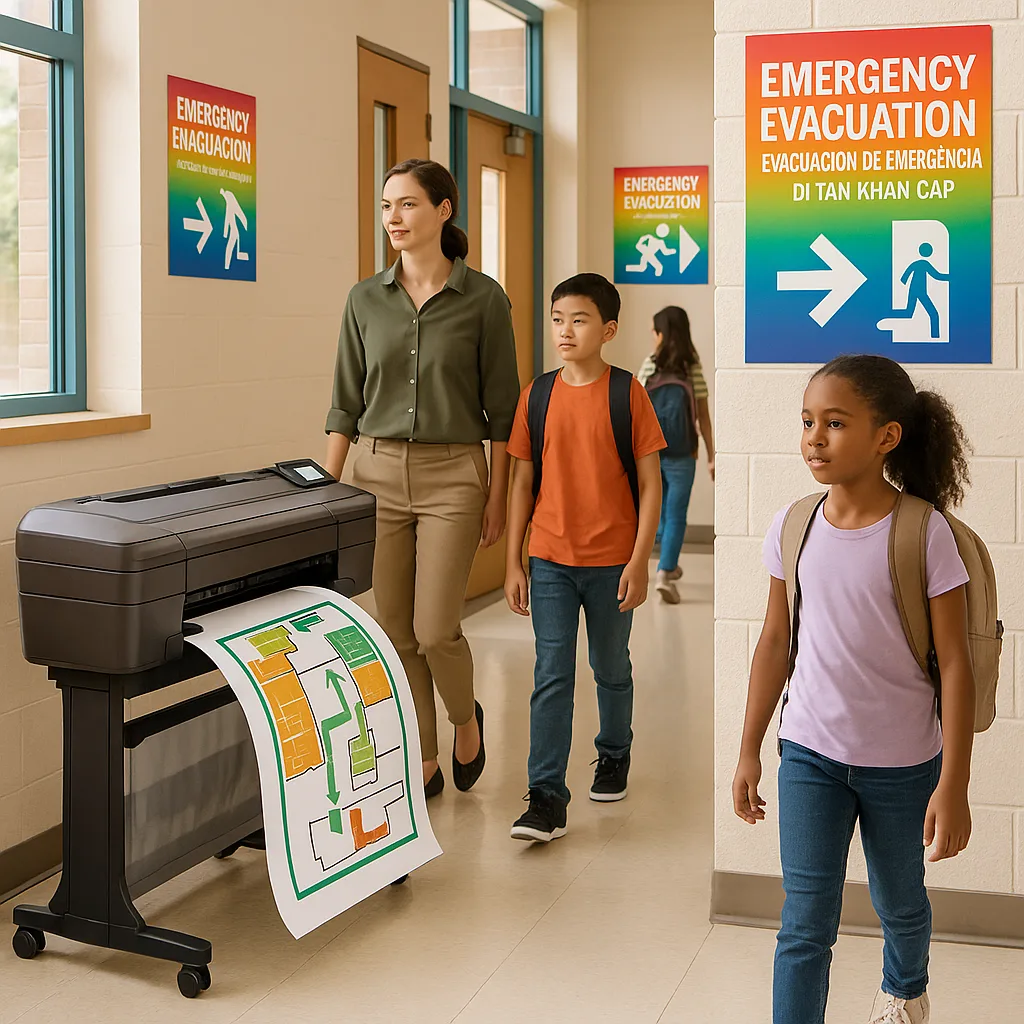 A bright, engaging hero image a California school hallway clearly visible multilingual emergency evacuation signage in English, Spanish, and Vietnamese. Include a wide-format poster printer in the