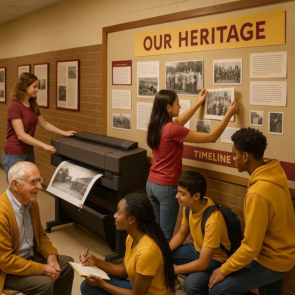A bright, engaging educational scene diverse high school students working on a large heritage wall display in a school hallway. Include students interviewing an elderly community member, others