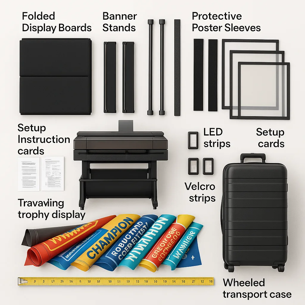 A flat-lay photograph all components needed for a traveling trophy display system arranged on a white background. Include: folded display boards, banner stands, protective poster sleeves, velcro