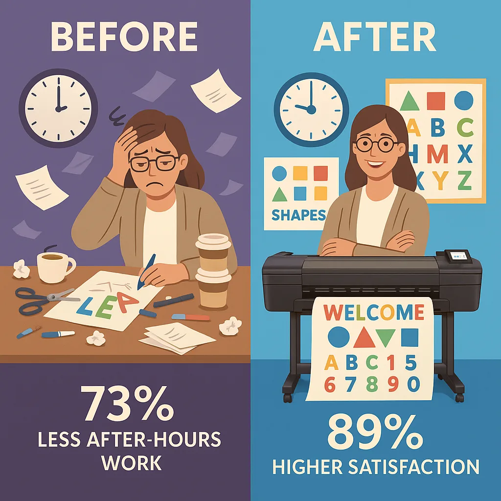Design an infographic-style image comparing two side-by-side classroom scenarios. Left side labeled "Before": Show a stressed teacher at a cluttered desk covered in craft supplies, scissors, and
