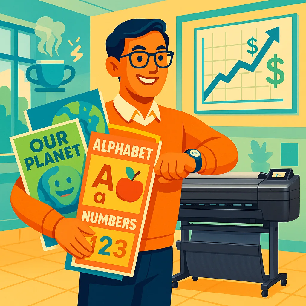 A vibrant, illustration a happy, energized teacher standing confidently in front of a large-format poster printer in a school environment. The teacher should be holding colorful educational