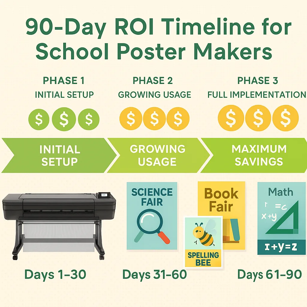 Design an infographic-style image the 90-day ROI timeline for school poster makers. Create a visual roadmap three distinct phases marked at 30, 60, and 90 days. Each phase should show increasing