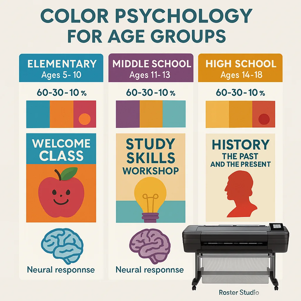 Educational infographic color psychology for different age groups. Three vertical columns representing Elementary (ages 5-10), Middle School (ages 11-13), and High School (ages 14-18). Each column Educational infographic color psychology for different age groups. Three vertical columns representing Elementary (ages 5-10), Middle School (ages 11-13), and High School (ages 14-18). Each column