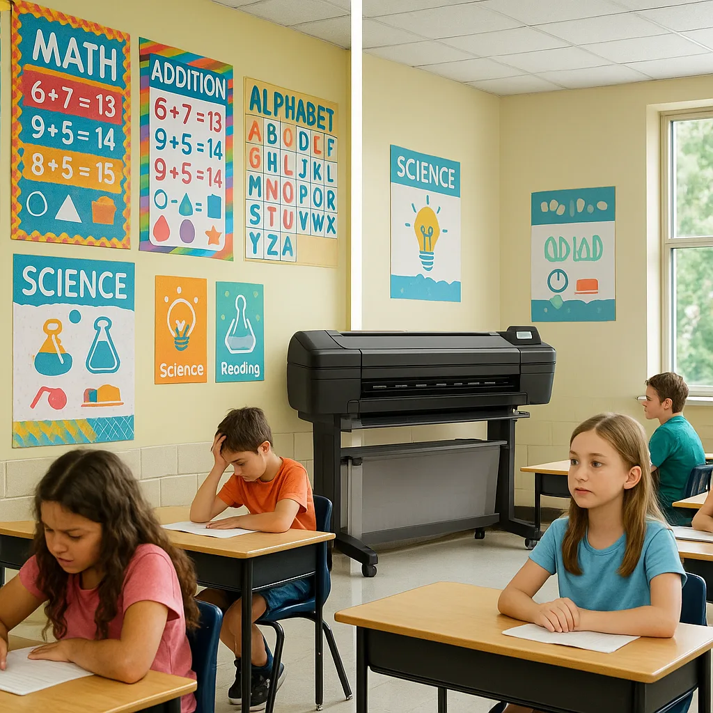 A classroom interior the contrast between visual overload and optimized design. Left side: cluttered walls overlapping posters, colors, busy patterns. Right side: same classroom strategic poster