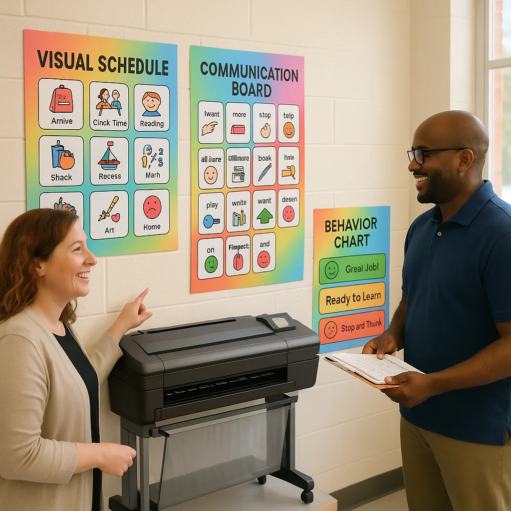 A professional, educational scene a special education teacher and an IEP team member reviewing colorful visual support posters on a classroom wall. The posters should include visual schedules,