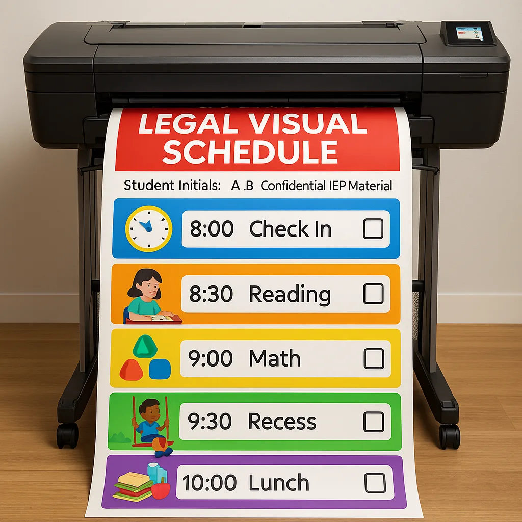 Design a close-up of a legally compliant visual schedule being printed from a poster maker machine. The schedule should show clear time blocks both pictures and text, student initials for privacy,