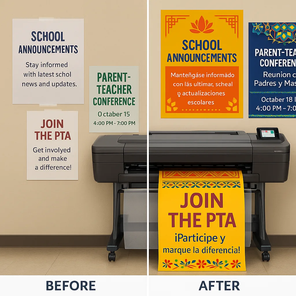 Design a split-screen comparison image "Before and After" school communication materials. Left side: Generic, text-heavy English-only posters in bland colors. Right side: Vibrant, culturally