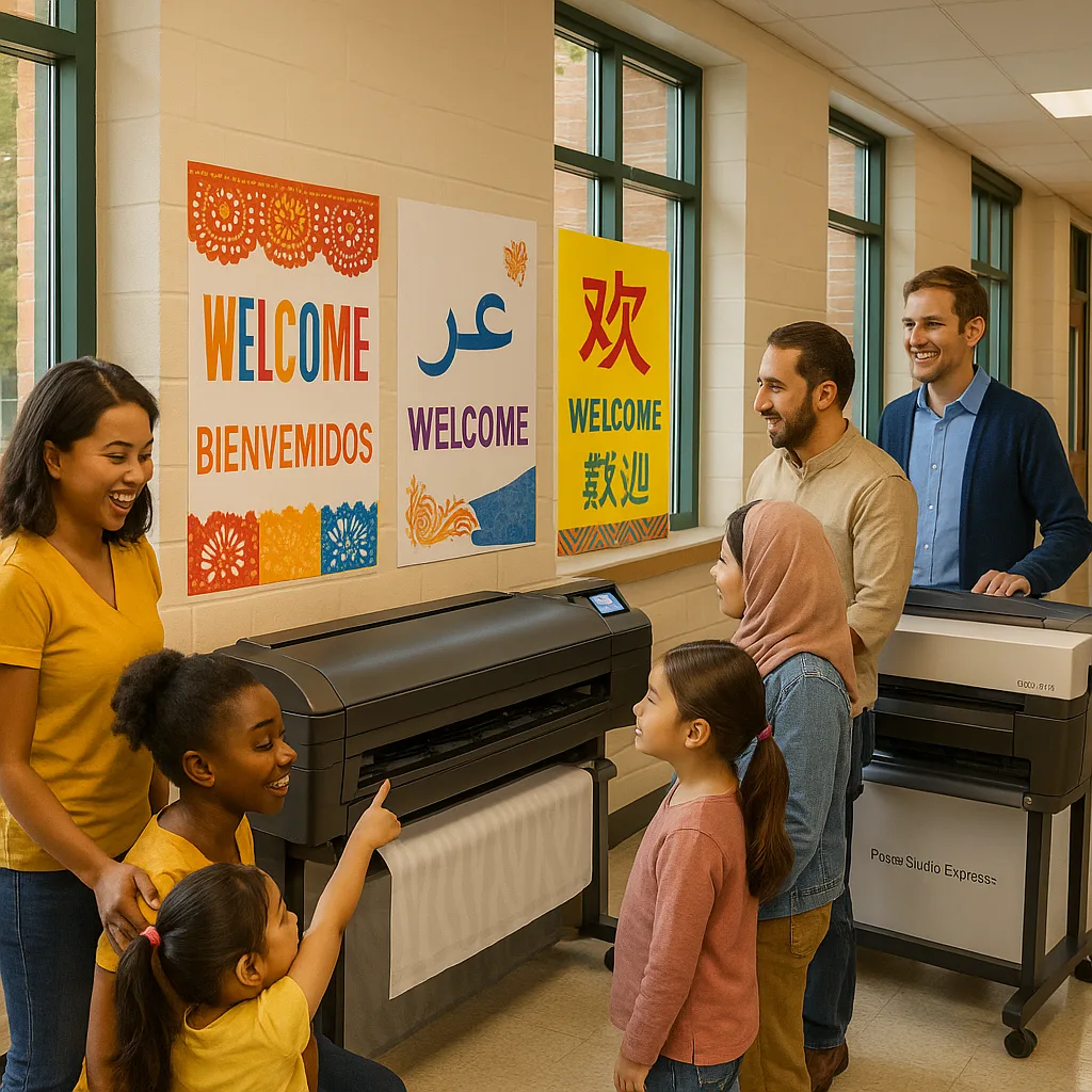 A vibrant, warm educational scene a diverse group of immigrant families (Hispanic, Asian, African, and Middle Eastern) gathering around colorful multilingual welcome posters in a school hallway.