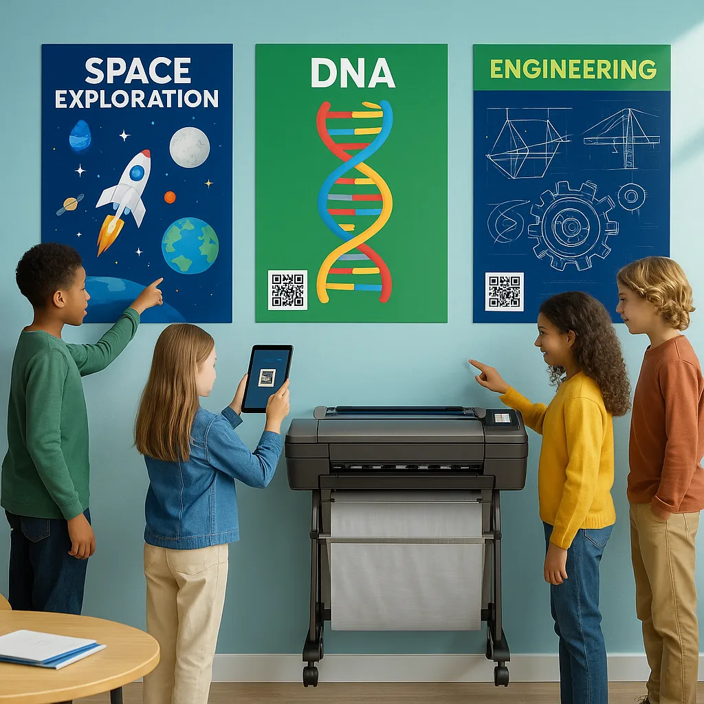 A bright, educational hero image a classroom transformed into a mini science museum. Feature diverse students (ages 10-14) actively engaging large, colorful STEM posters on the walls displaying