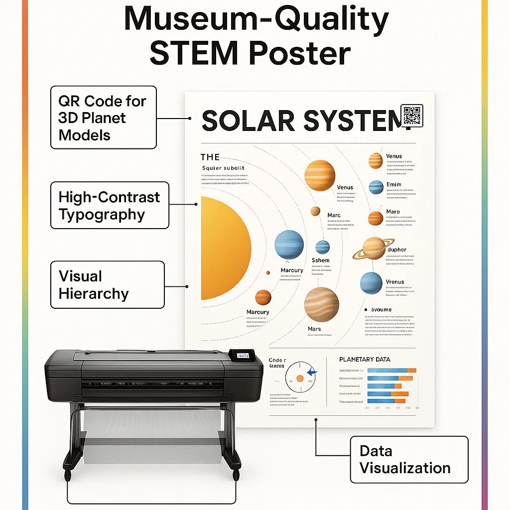 Design an infographic-style image the anatomy of a museum-quality STEM poster. Display a large poster about the solar system labeled callouts pointing to key design elements: “QR Code for 3D Design an infographic-style image the anatomy of a museum-quality STEM poster. Display a large poster about the solar system labeled callouts pointing to key design elements: "QR Code for 3D