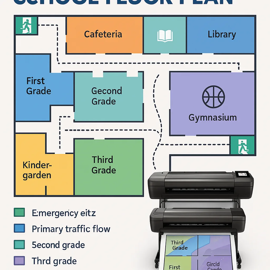 An overhead diagram a school floor plan color-coded zones clearly marked. Each grade level area is highlighted in distinct colors (warm yellows for kindergarten, greens for first grade, blues for