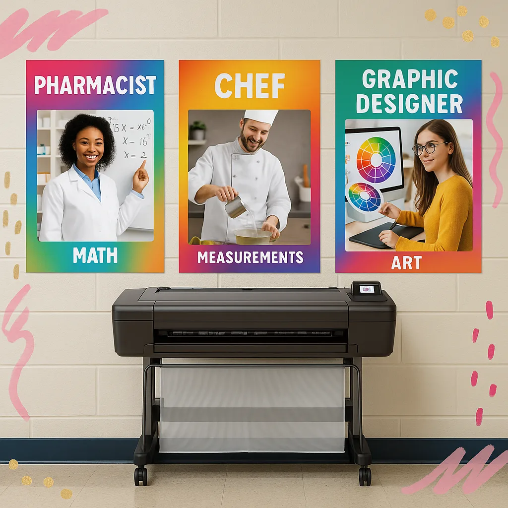 Design a collage-style image various career pathway posters displayed on a school wall. Include posters local professionals like a pharmacist math equations, a chef demonstrating measurements, and