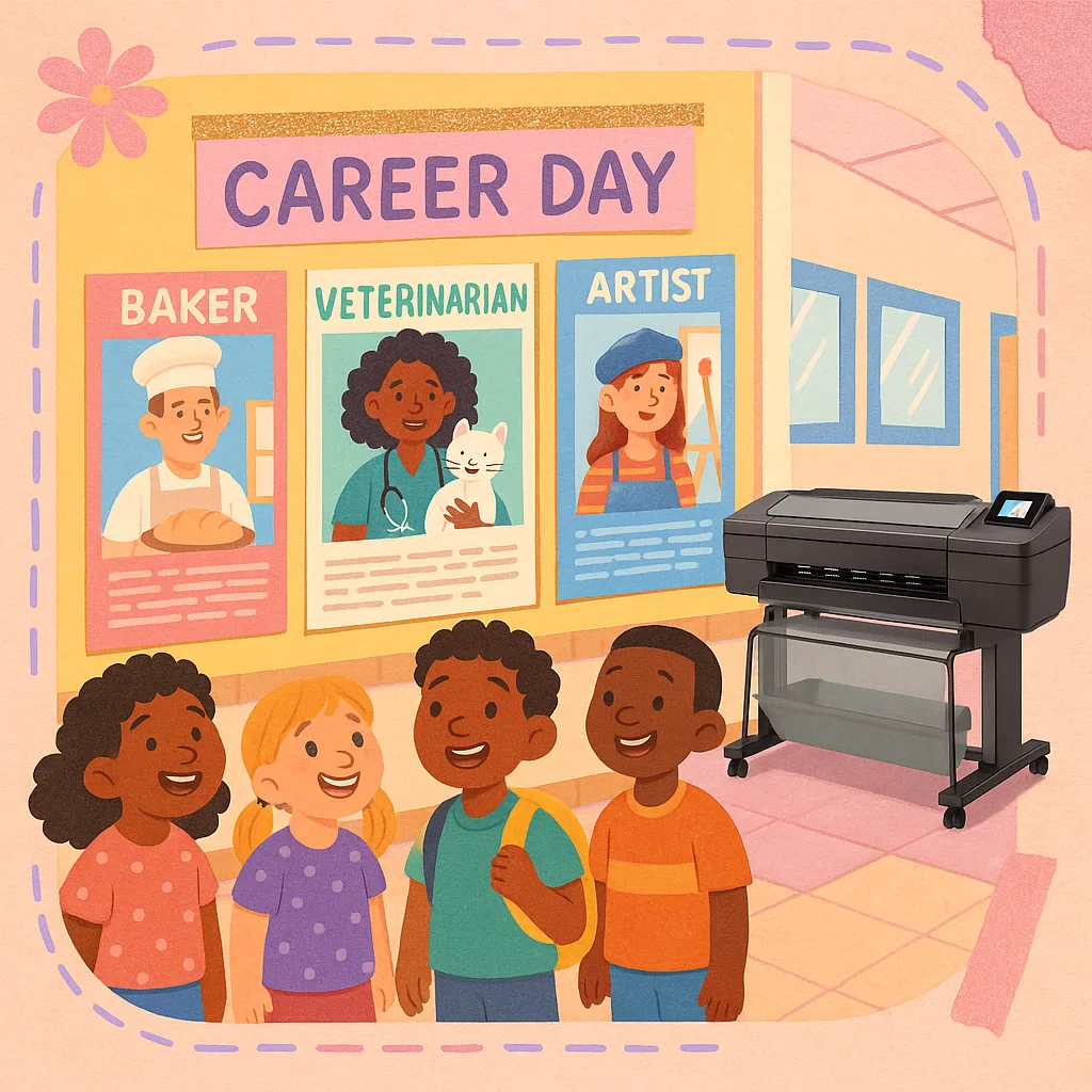 A bright, cheerful illustration a scrapbook page pink, lavender, and gold accents. Show a diverse group of elementary school children looking excitedly at a colorful hallway display large posters