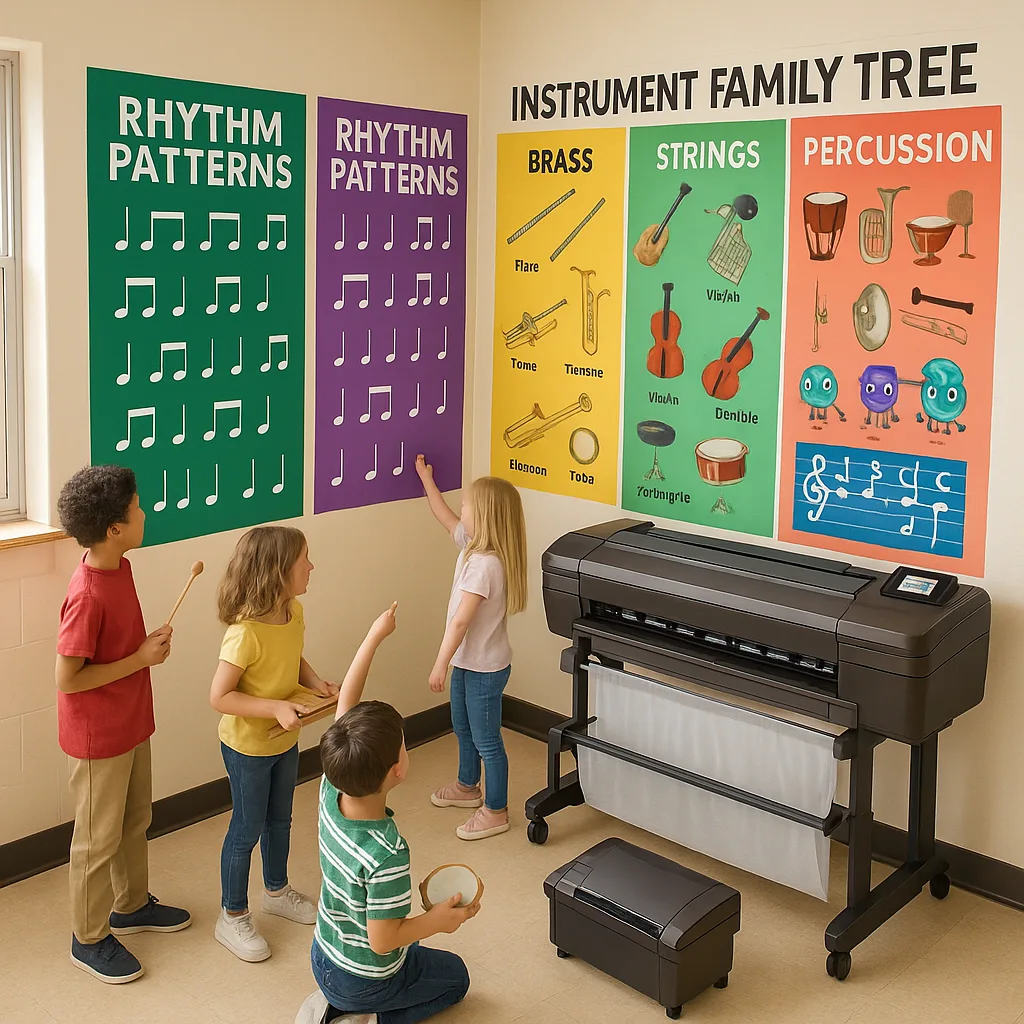 A vibrant, wide-angle photograph of an elementary music classroom transformed colorful wall displays. The scene shows large rhythm pattern posters in emerald green, amethyst purple, and citrine