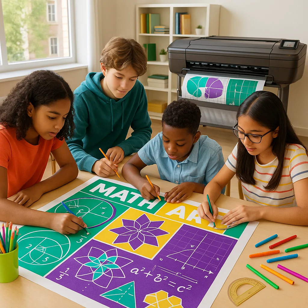 A vibrant, colorful educational scene diverse middle school students collaborating on a large mathematical art poster. Use the Google Font 'Suse' for any text overlays. The poster should display