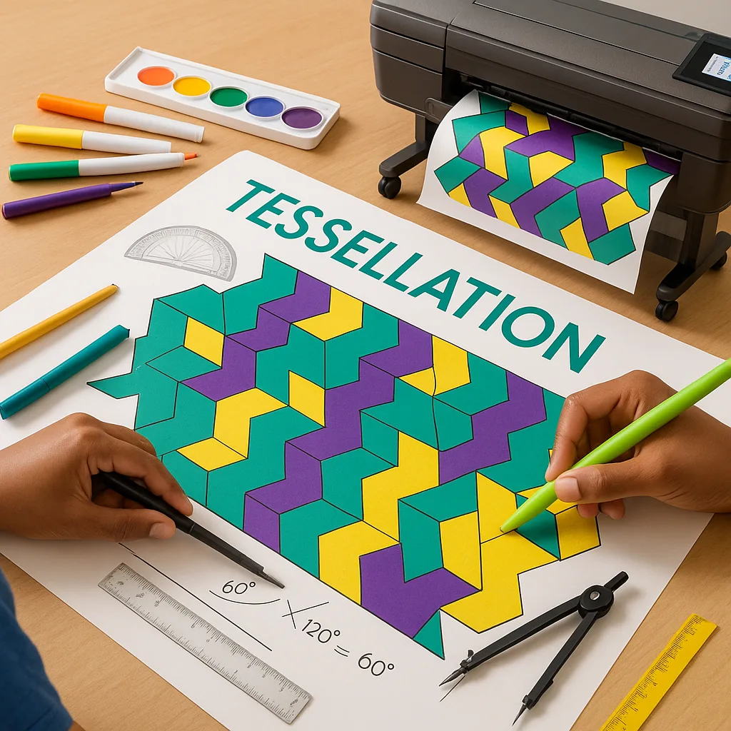 Design a close-up view of student hands creating a colorful tessellation pattern on a large poster. Use the Google Font ‘Suse’ for any text. Show various geometric shapes in emerald (#009688), Design a close-up view of student hands creating a colorful tessellation pattern on a large poster. Use the Google Font 'Suse' for any text. Show various geometric shapes in emerald (#009688),