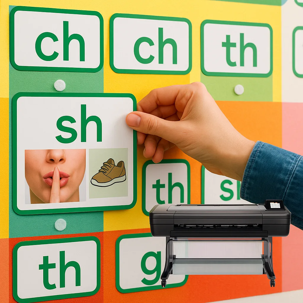 Close-up photograph of a teacher's hand placing a moveable phonics card on a colorful sound wall. The card shows the /sh/ digraph in green Suse font, accompanied by a photo of lips in the "shh"
