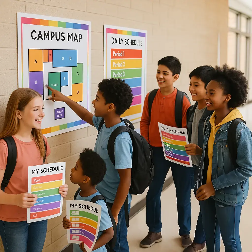 A vibrant, photograph a diverse group of middle school students confidently navigating a school hallway while looking at large, colorful wall-mounted campus maps and schedule posters.