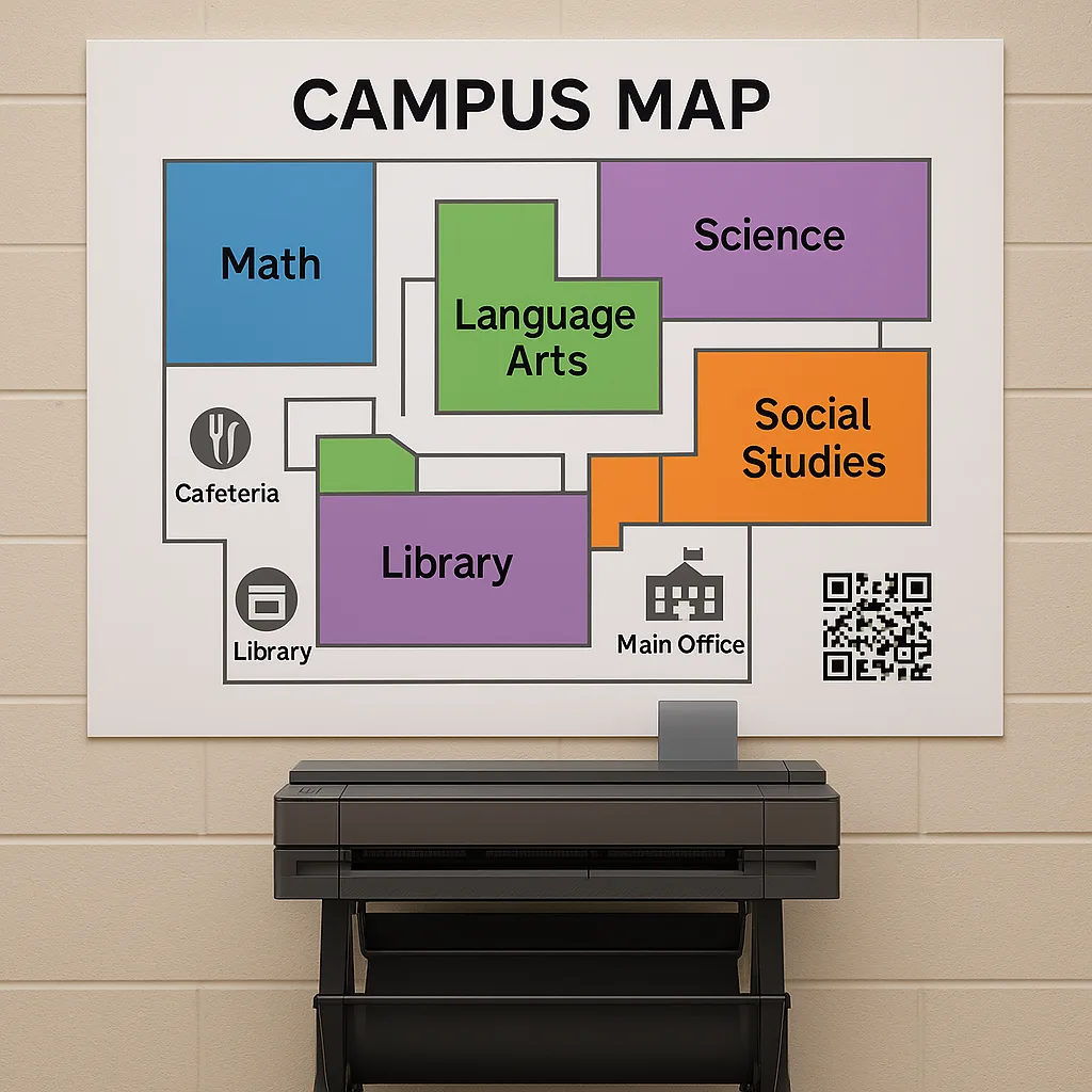A close-up photograph of a large, professionally printed color-coded campus navigation map mounted on a school wall. The map shows different subject areas in distinct colors - math hallways in